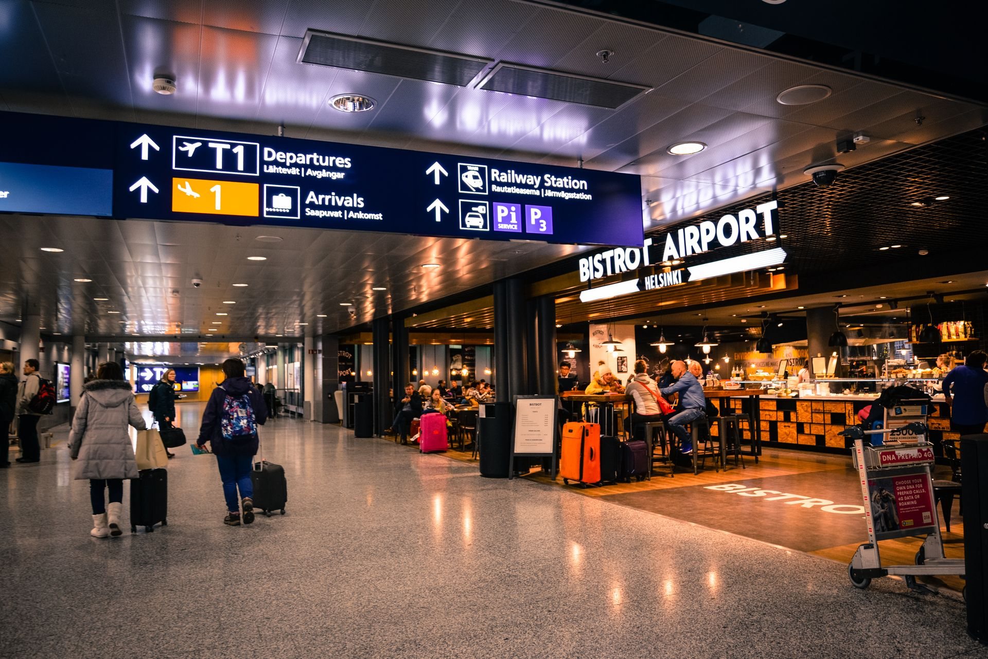 Airport wayfinding signage for departures, arrivals, and ground transportation